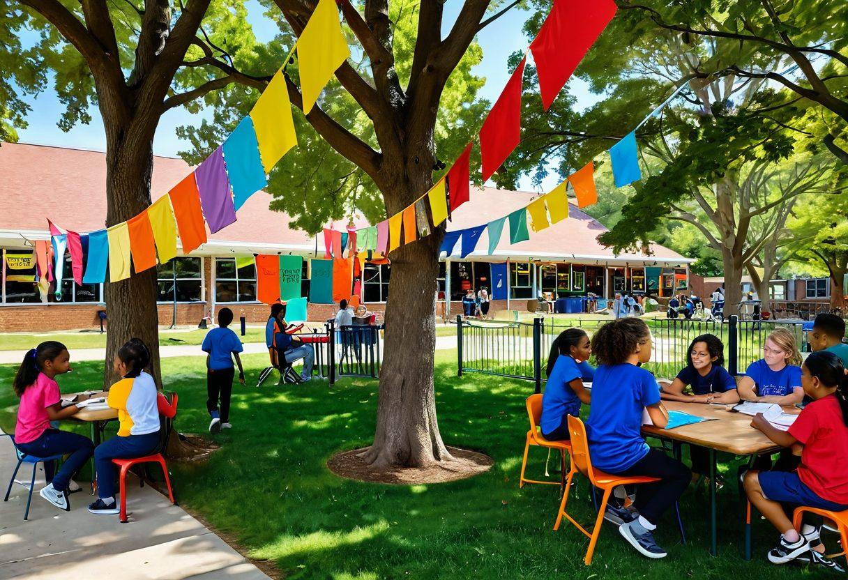 A bustling school playground filled with diverse students actively engaging in various activities like group discussions, sports, and arts & crafts. In the background, colorful banners showcasing ‘Community Support’ and ‘Student Engagement’ hang on the walls of a welcoming school building, surrounded by trees. A friendly teacher encourages teamwork while parents volunteer to assist. The overall atmosphere radiates positivity and inclusivity. vibrant colors. super-realistic.
