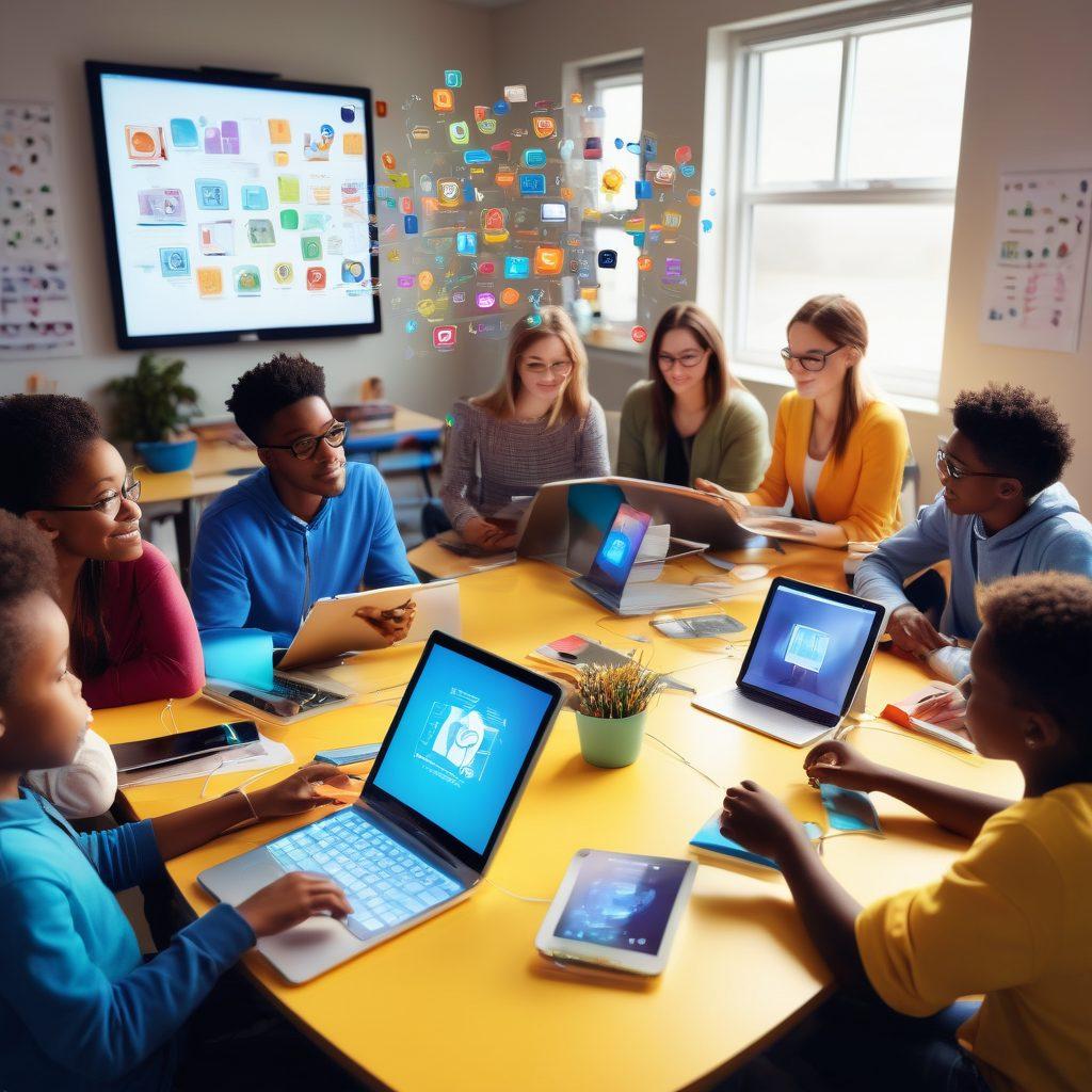 A diverse group of students engaging with innovative digital tools in a modern classroom setting, surrounded by vibrant educational resources like e-books, tablets, and interactive whiteboards. The atmosphere should exude a sense of collaboration and creativity, with floating icons representing different subjects and strategies for success. Bright, uplifting colors to convey positivity and empowerment. super-realistic. vibrant colors. 3D.